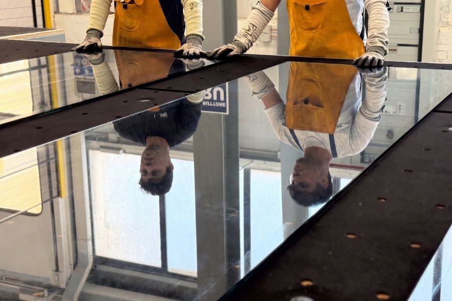 Produzione vetrate in vetro temprato presso lo stabilimento di Budrio (BO)